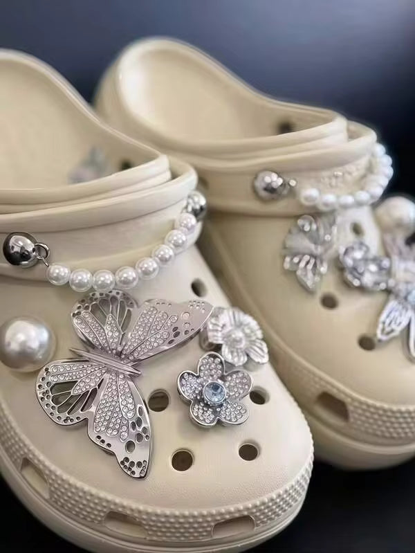 12pcs Silver Rhinestone Butterfly Shoe Charms, Pearl Flower Chain DIY Sandals Beach Bag Detachable Accessories Gift
